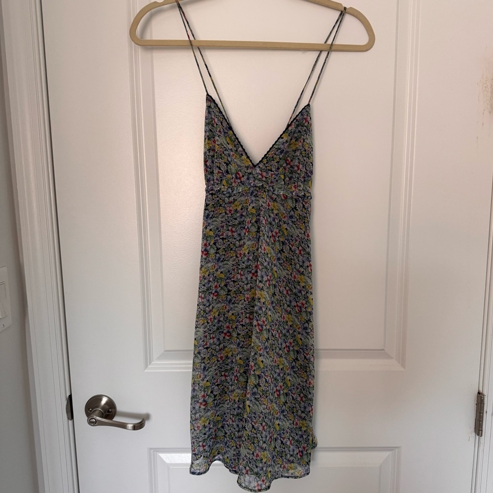 Mango Blue Spaghetti Strap Mini Sundress with Foral Multicolor Design